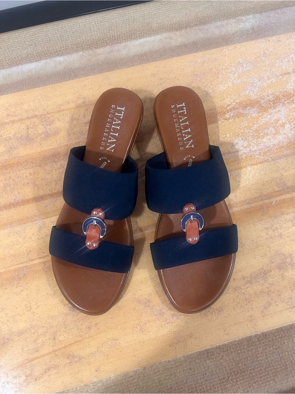 Italian Shoemakers Navy and Brown Double-Strap Slide Sandals with Silver Accents
